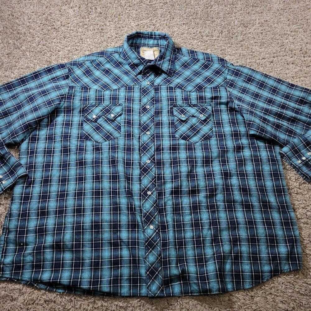 Wrangler Pearl Snap Shirt Mens 2XL Blue Cowboy Western Rodeo Plaid Long Sleeve - Picture 3 of 9